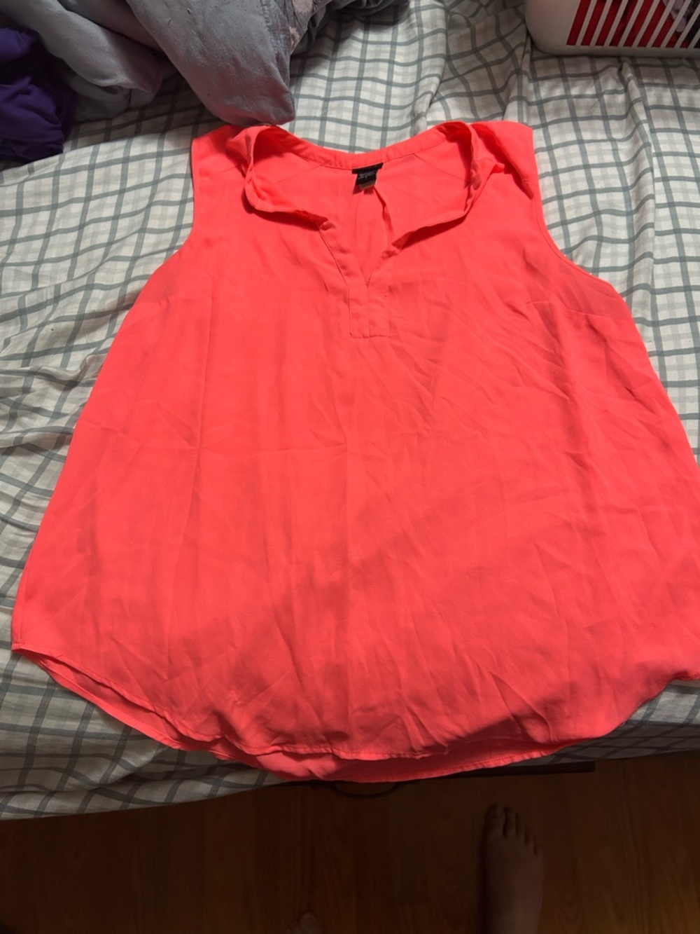 Sleeveless Sheer V-Neck Blouse in Neon Coral